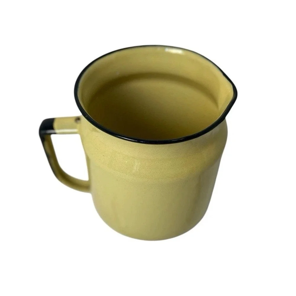 Vtg Enamelware Pitcher Black Trim Yellow Farmhouse Prim Country Americana